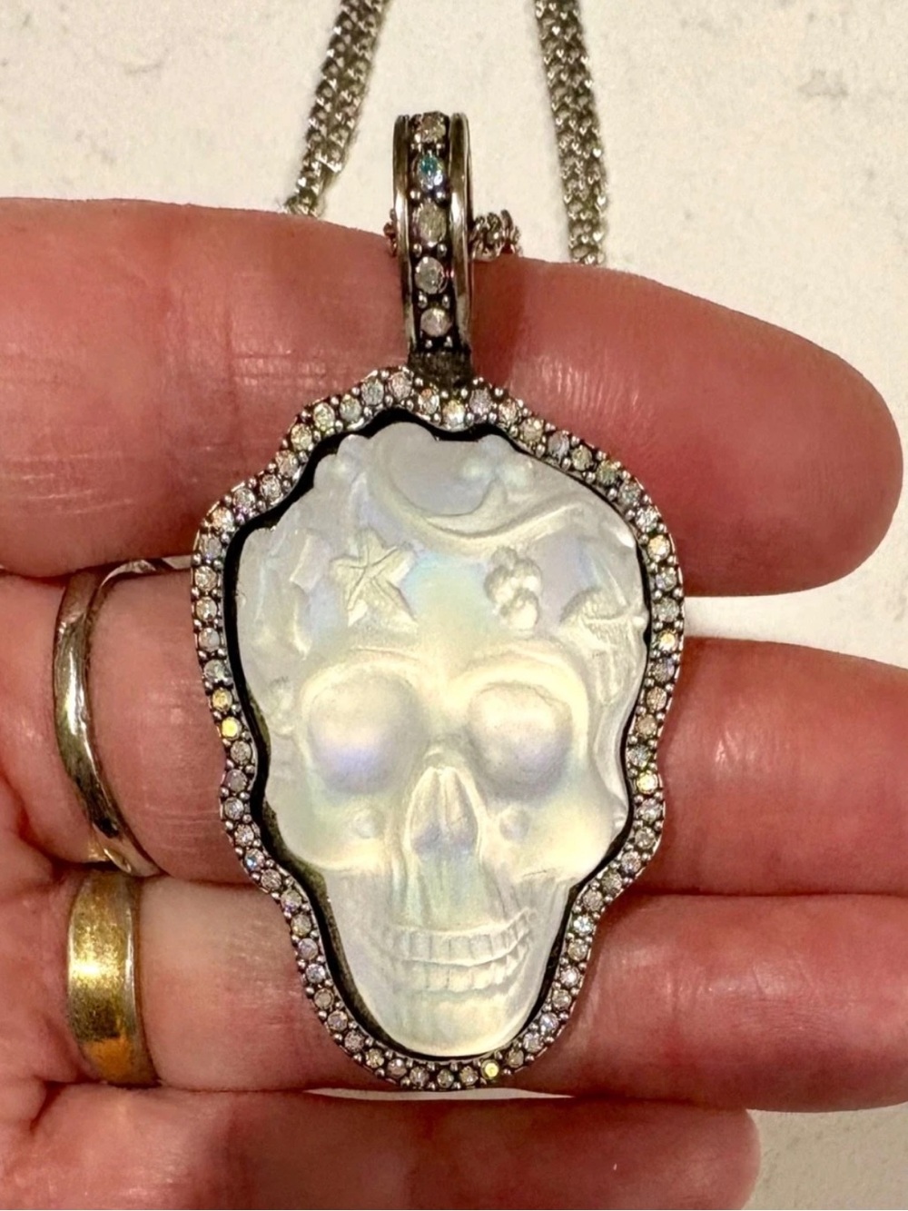 Kirk’s Folly Glass Dream Skull Crystal Pendant Necklace Celestial Moon Stars